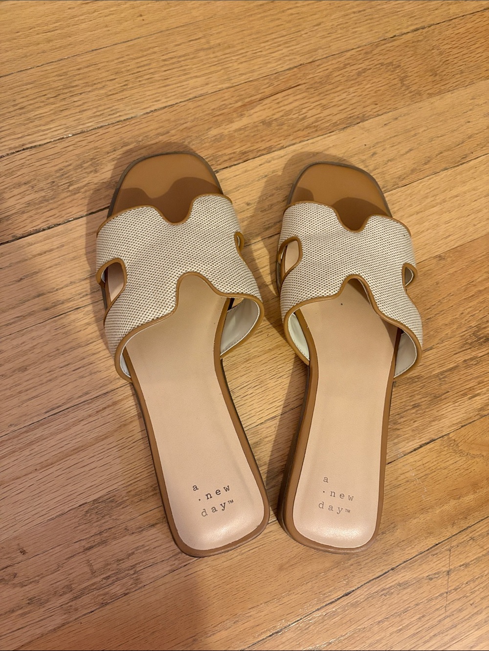 a new day Cream Woven Open-Toe Slide Sandals with Tan Trim
